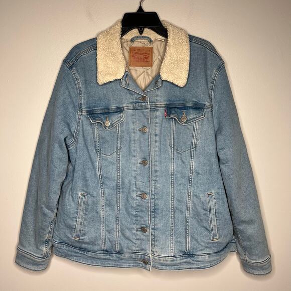 Levi's Denim Trucker Jacket Women's 2X Plus Size Sherpa Quilted Lined Blue Jean - Picture 1 of 10
